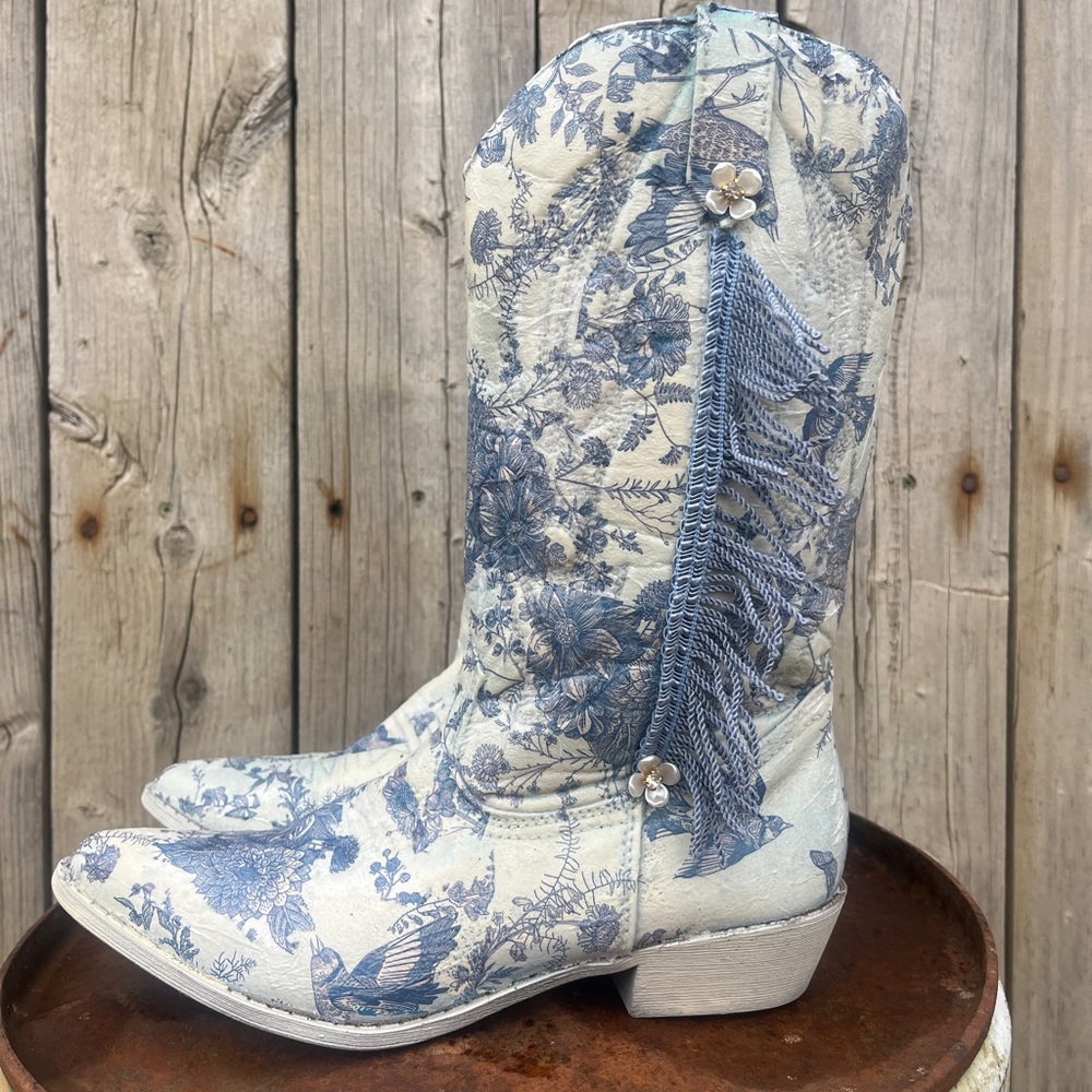Floral Blue Fringe Women's Boots - Picture 3 of 8